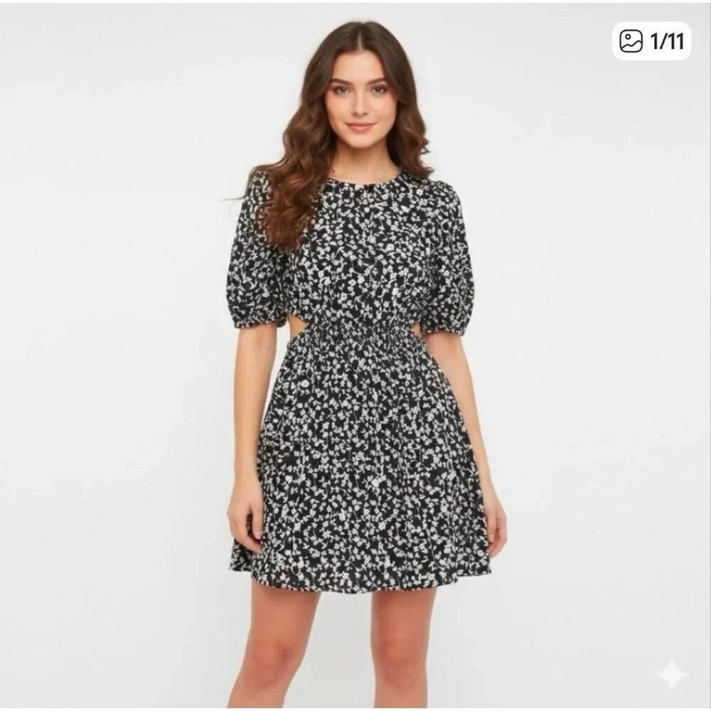 Old Navy Floral Puff Sleeve Mini Dress Black White Cotton M